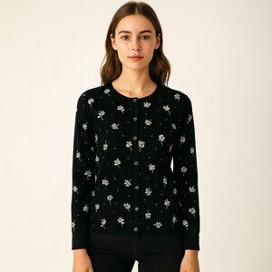 Lands End Black Supima 100% Cotton Floral Cardigan Sweater - Medium